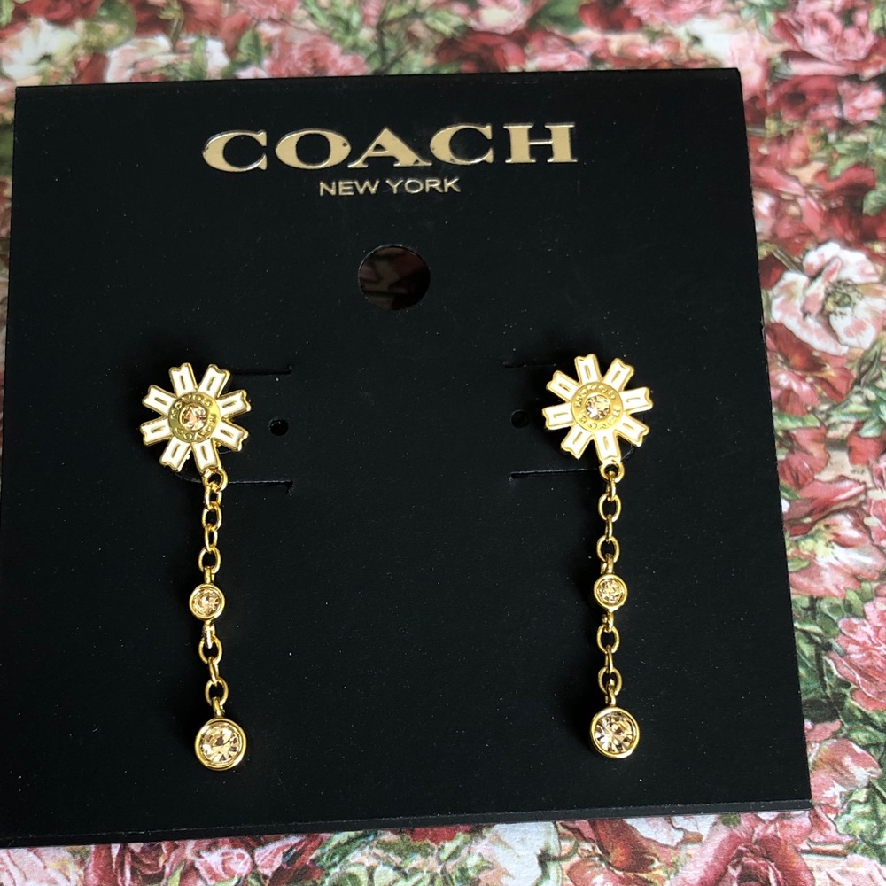 Authentic New with tag COACH Gold Sunburst Drop Earrings with Crystal - Picture 2 of 11